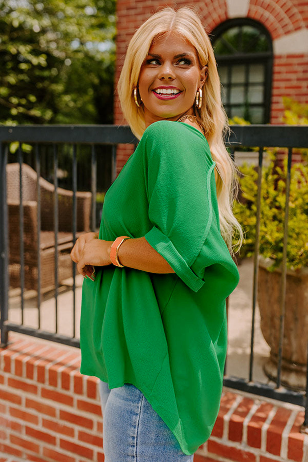 Bright Pink Seamed Back High Low Hem V Neck Cuffed Sleeve Plus Size Tee