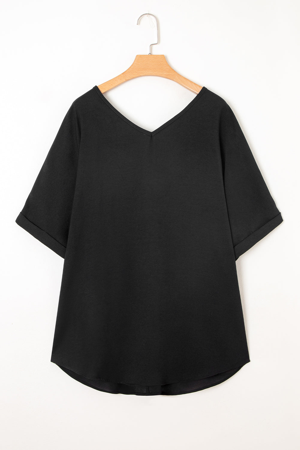 Bright Pink Seamed Back High Low Hem V Neck Cuffed Sleeve Plus Size Tee
