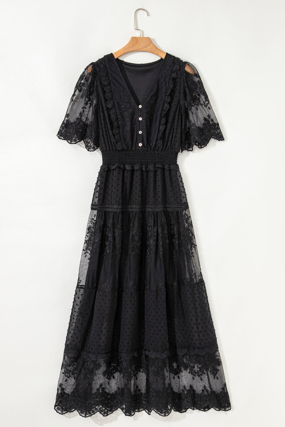 Black Dotty Lace Mesh Flowy Maxi Dress