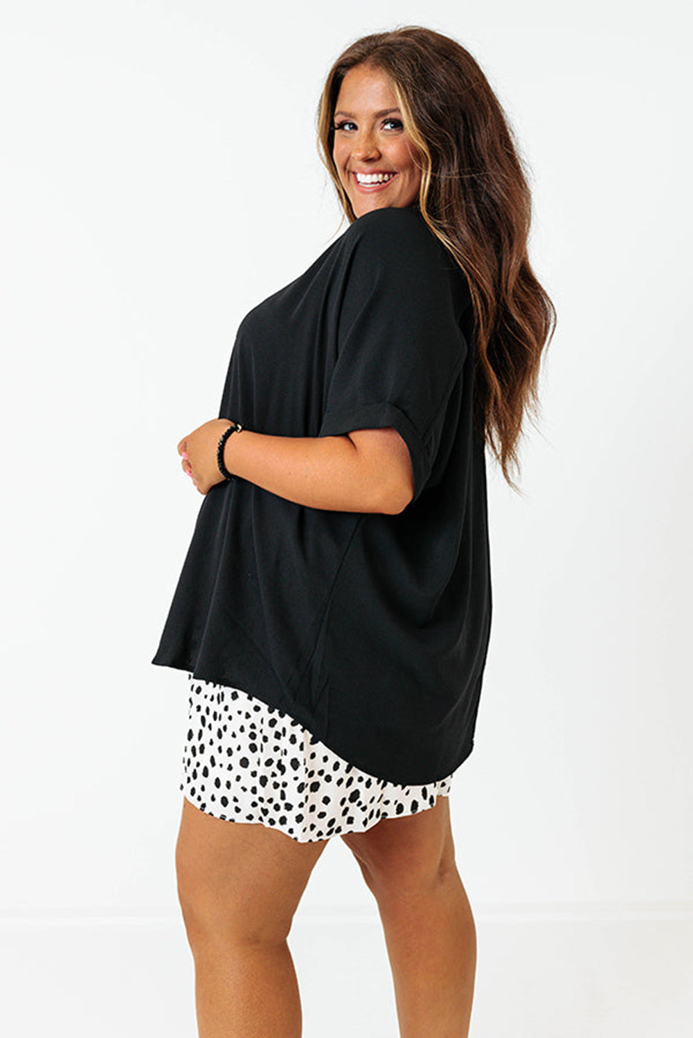 Bright Pink Seamed Back High Low Hem V Neck Cuffed Sleeve Plus Size Tee