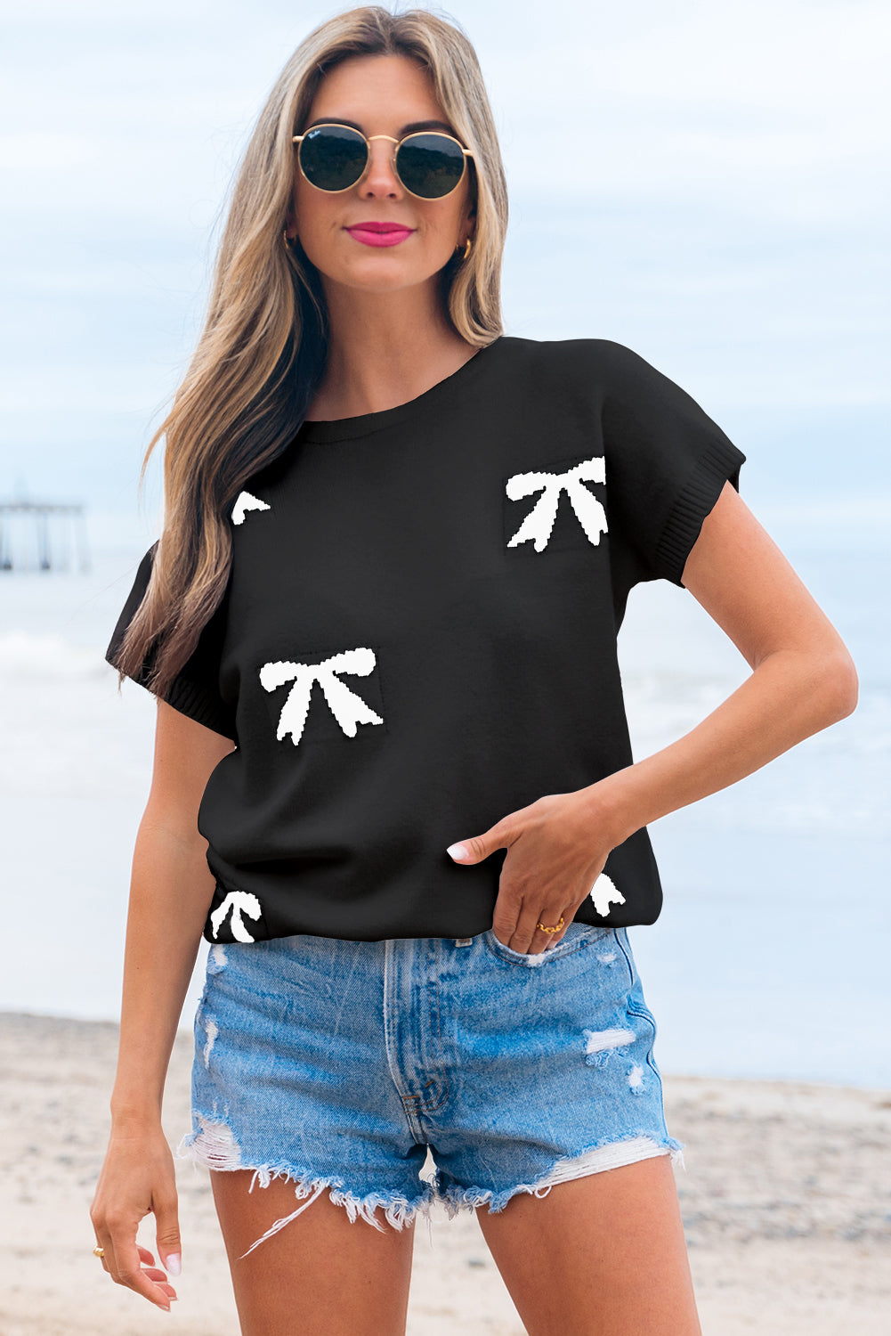 White Bow Pattern Knit Short Sleeve Sweater