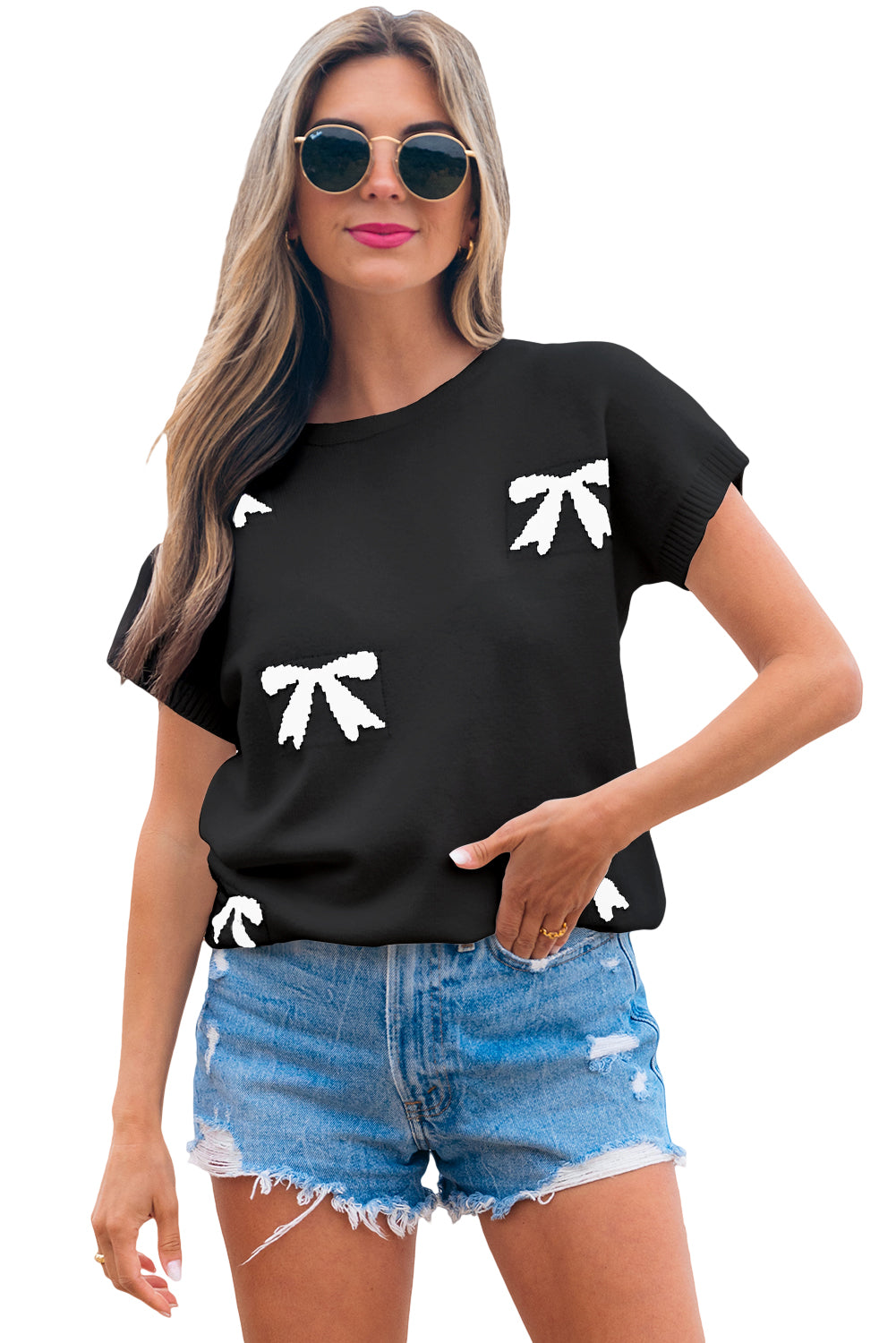 White Bow Pattern Knit Short Sleeve Sweater