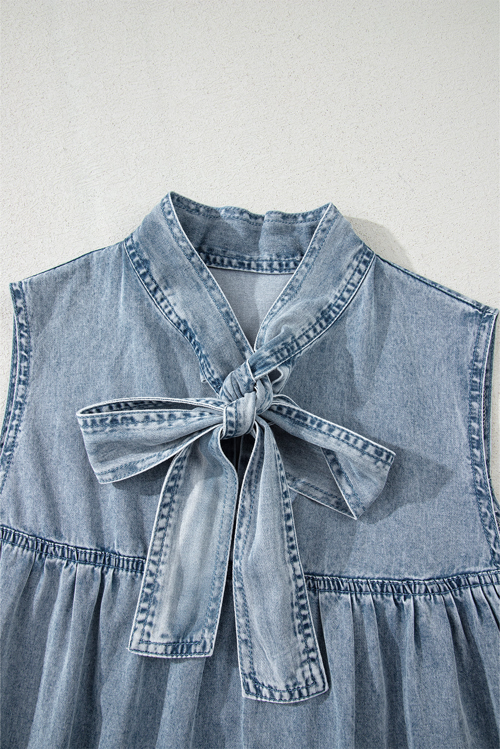 Beau Blue Bowknot Neck Sleeveless Ruffled Chambray Dress