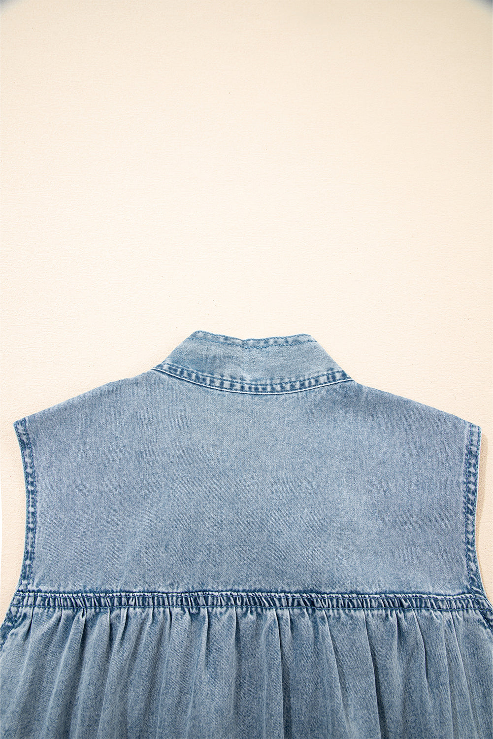 Beau Blue Bowknot Neck Sleeveless Ruffled Chambray Dress