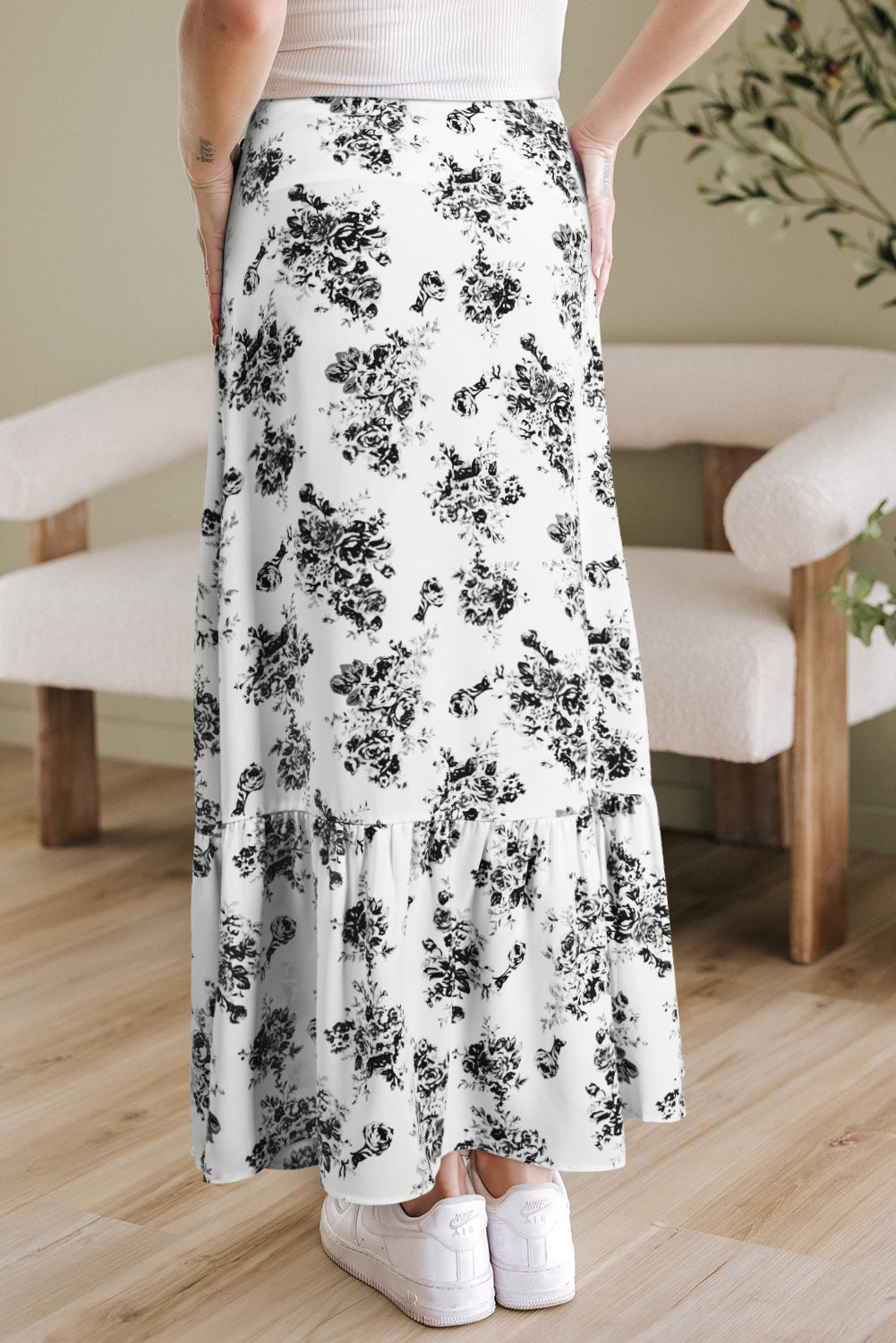 Sky Blue Boho Floral High Waist Ruffle Split Maxi Skirt