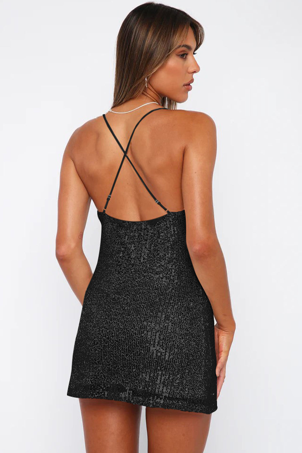 Apricot Spaghetti Straps Cross Back Sequin Mini Dress