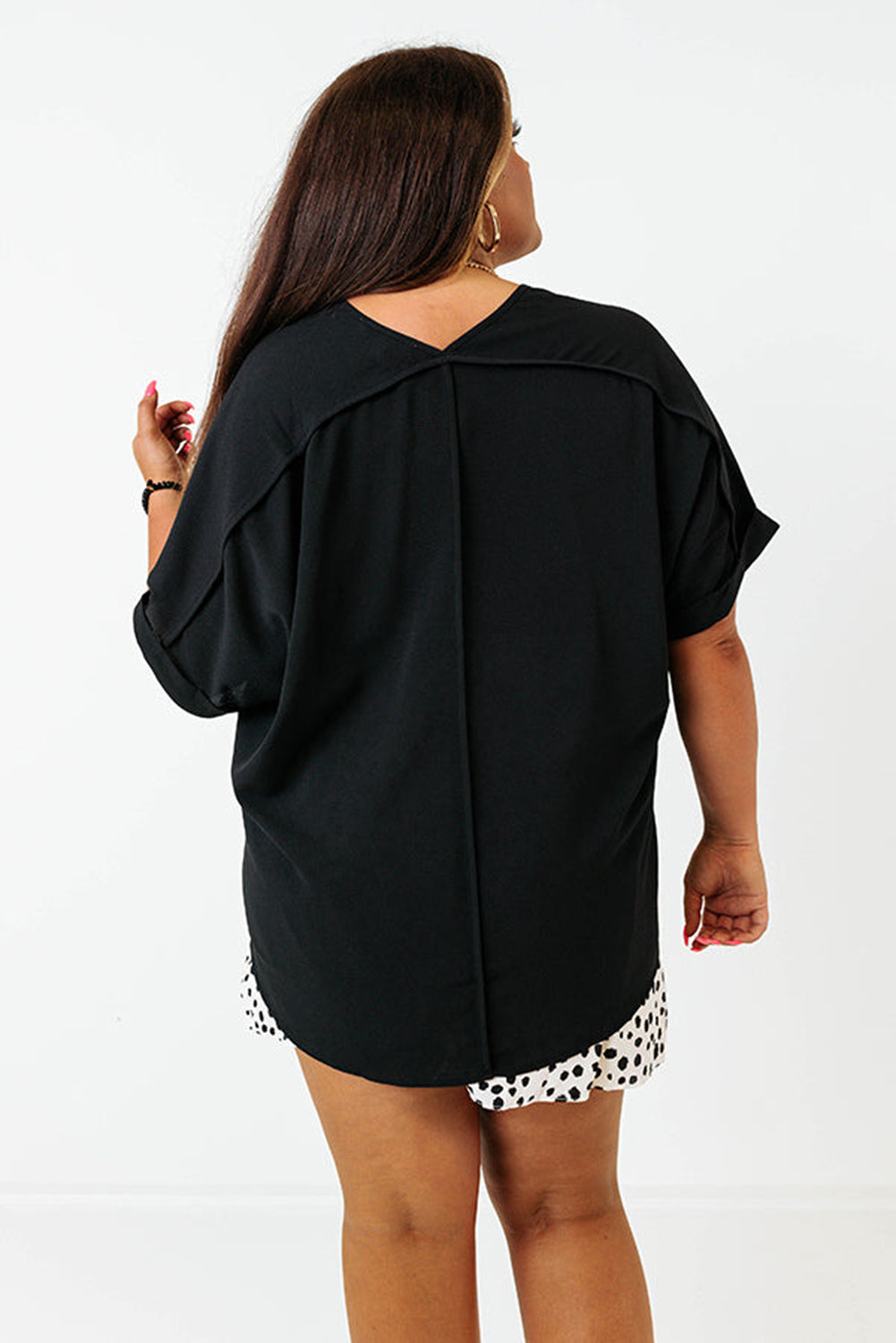 Bright Pink Seamed Back High Low Hem V Neck Cuffed Sleeve Plus Size Tee