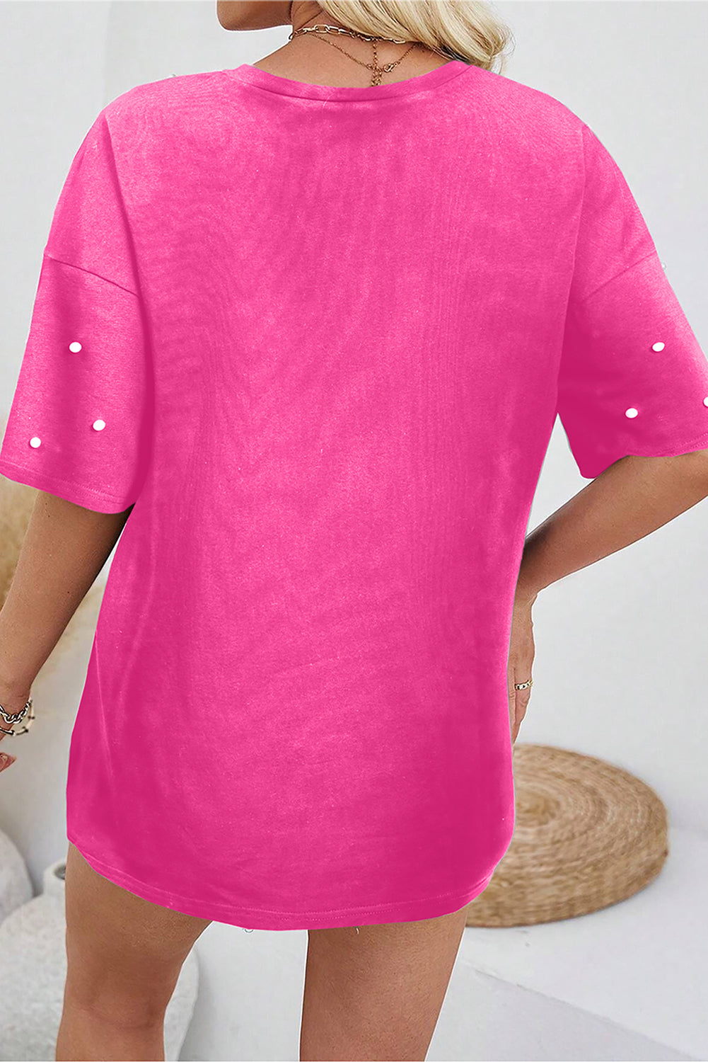 Black Pearl Beaded Drop Shoulder Crewneck T Shirt