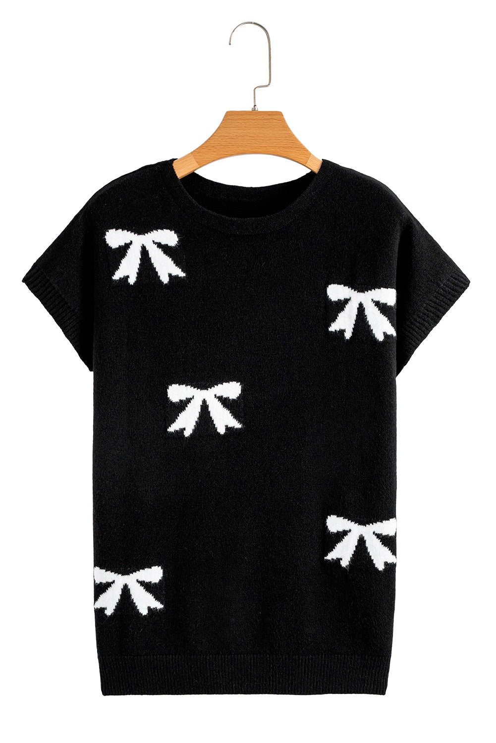 White Bow Pattern Knit Short Sleeve Sweater